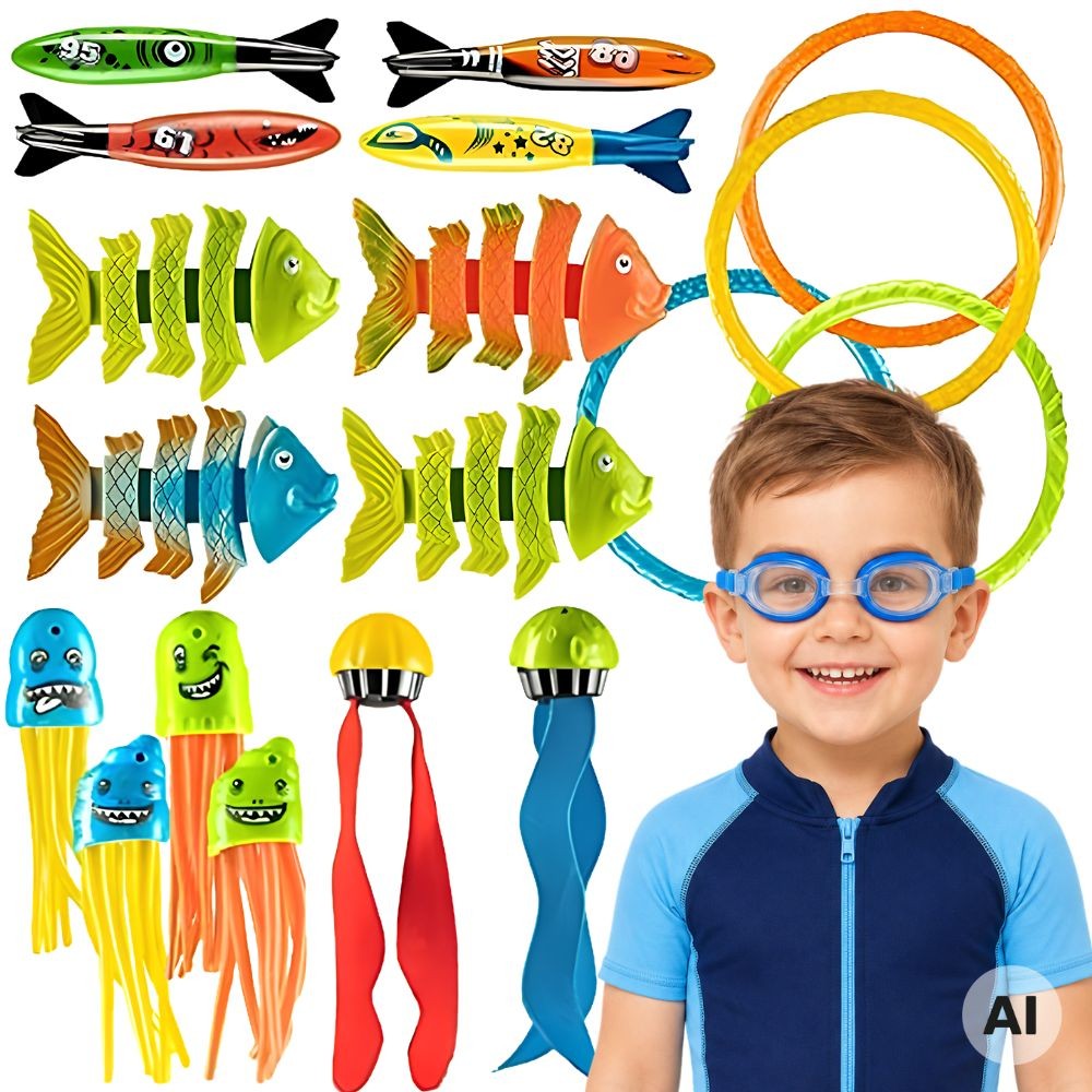 Woopie pool diving toys set with torpedoes, rings and fish, 20 pieces