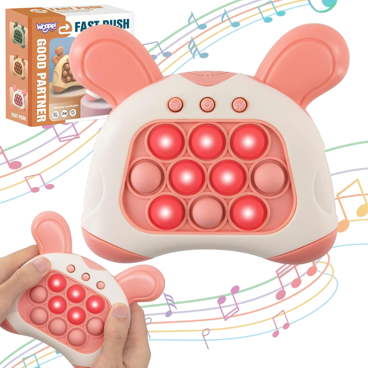 Woopie electronic pop bubble game with bunny ears, pink
