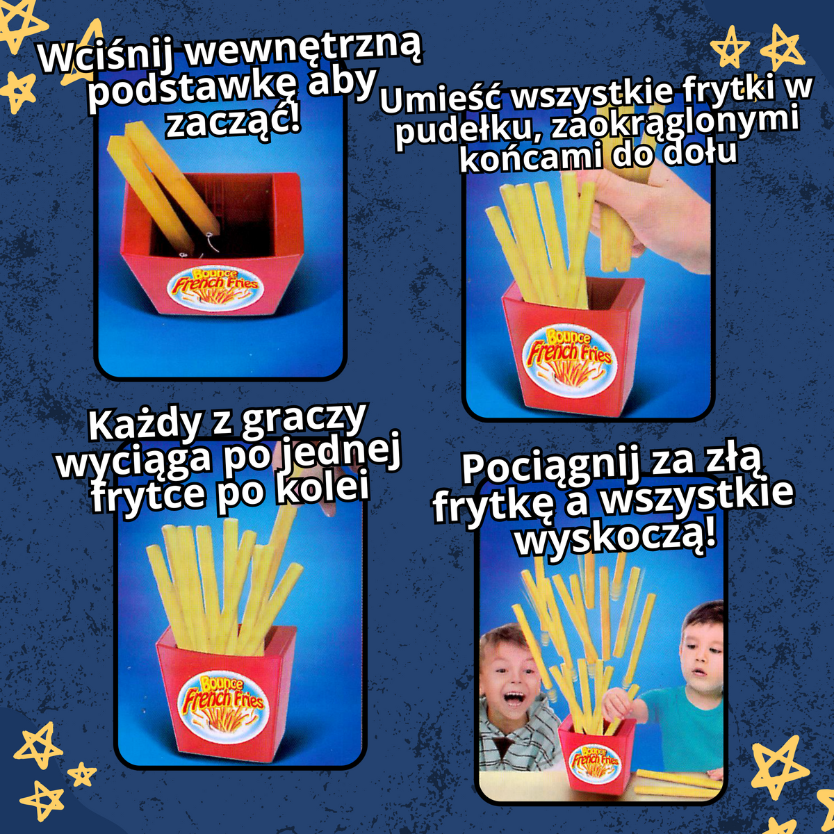 Frī kartupeļu kastīte piepildīta un gatava spēlei