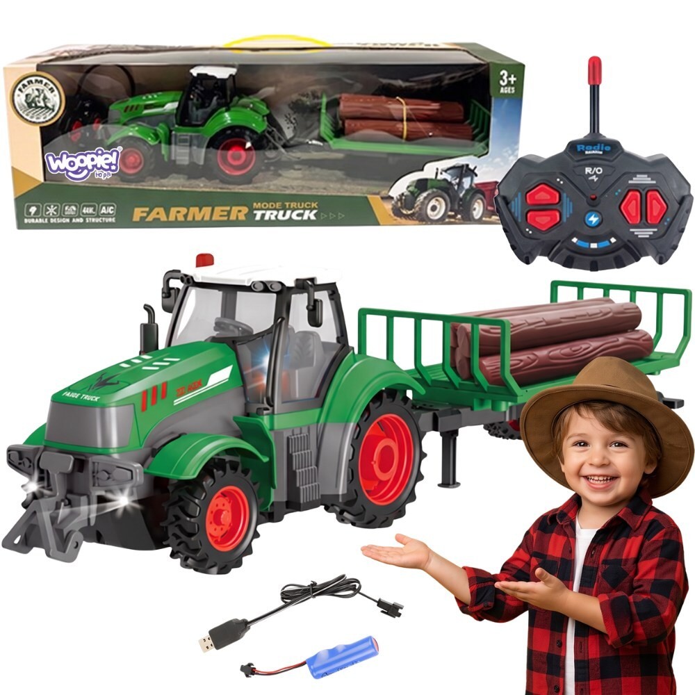 Woopie tālvadības traktors ar baļķu piekabi, 1:24