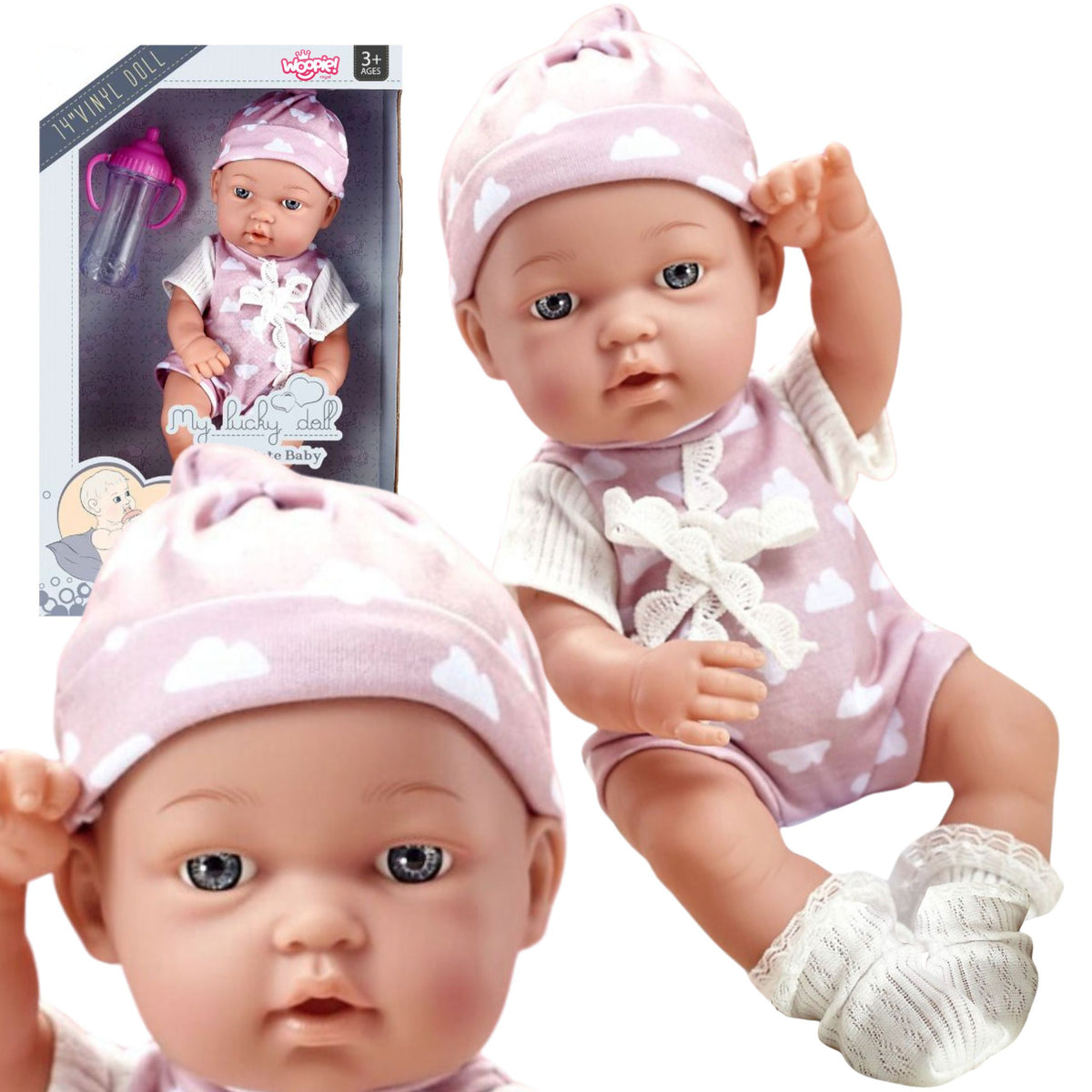 Woopie Royal lelle mazulis 36 cm rozā bodijā ar pudelīti