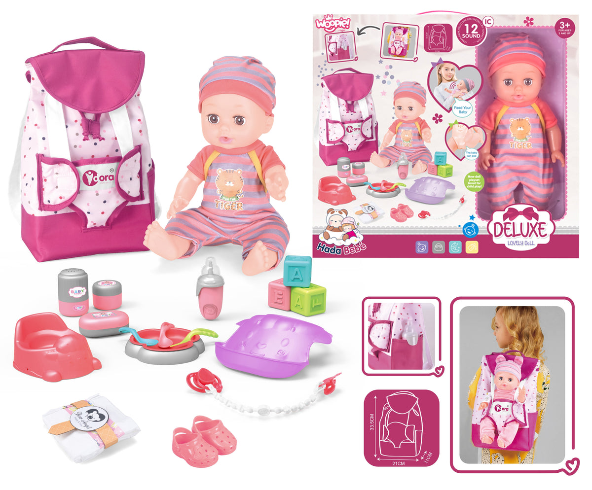 Woopie Royal babysitter doll set – backpack baby carrier