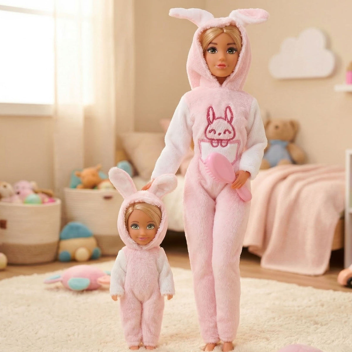 Woopie Royal dolls in bunny jumpsuits – pink jumpsuits with bunny ears