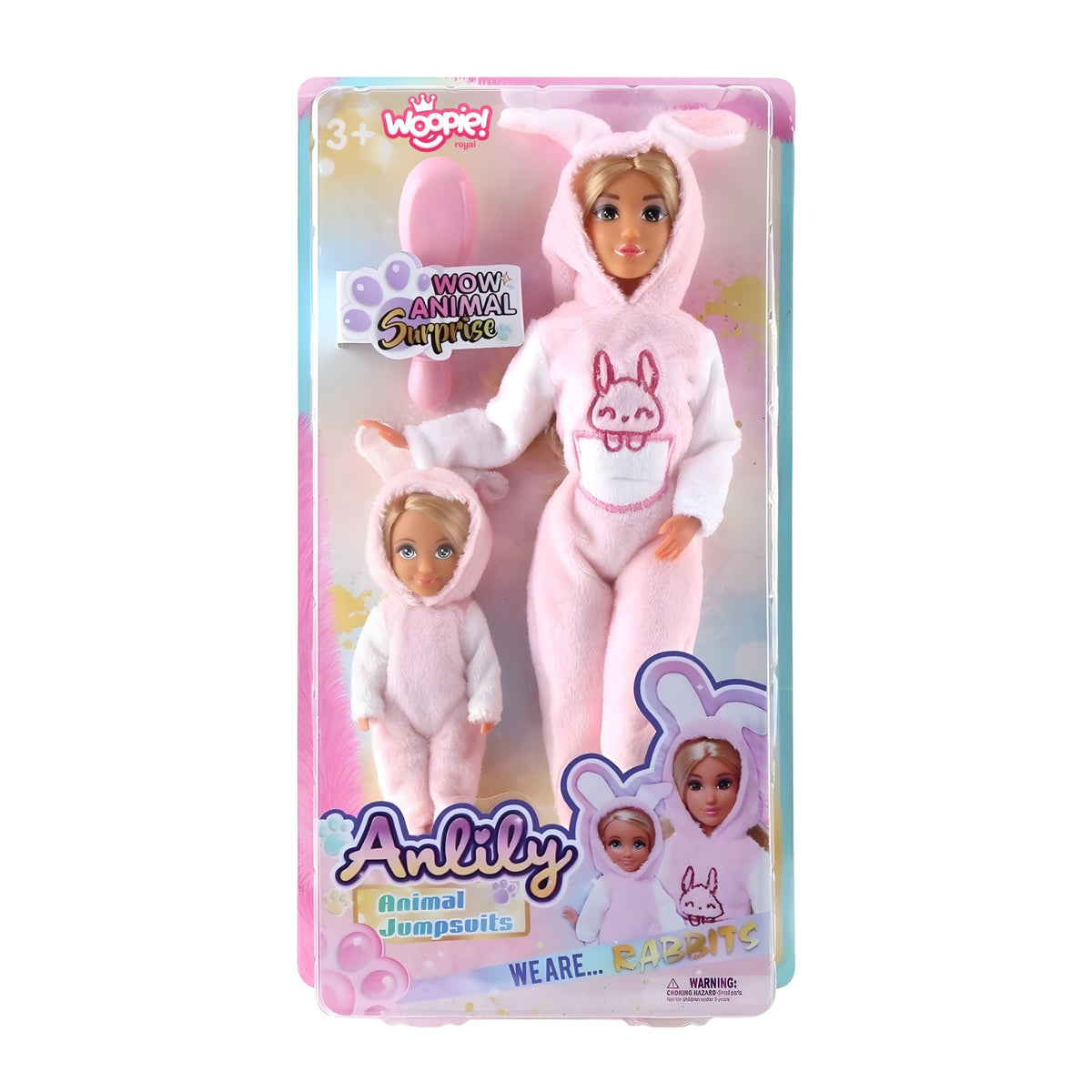 Woopie Royal dolls in bunny jumpsuits – soft plush hoods up close