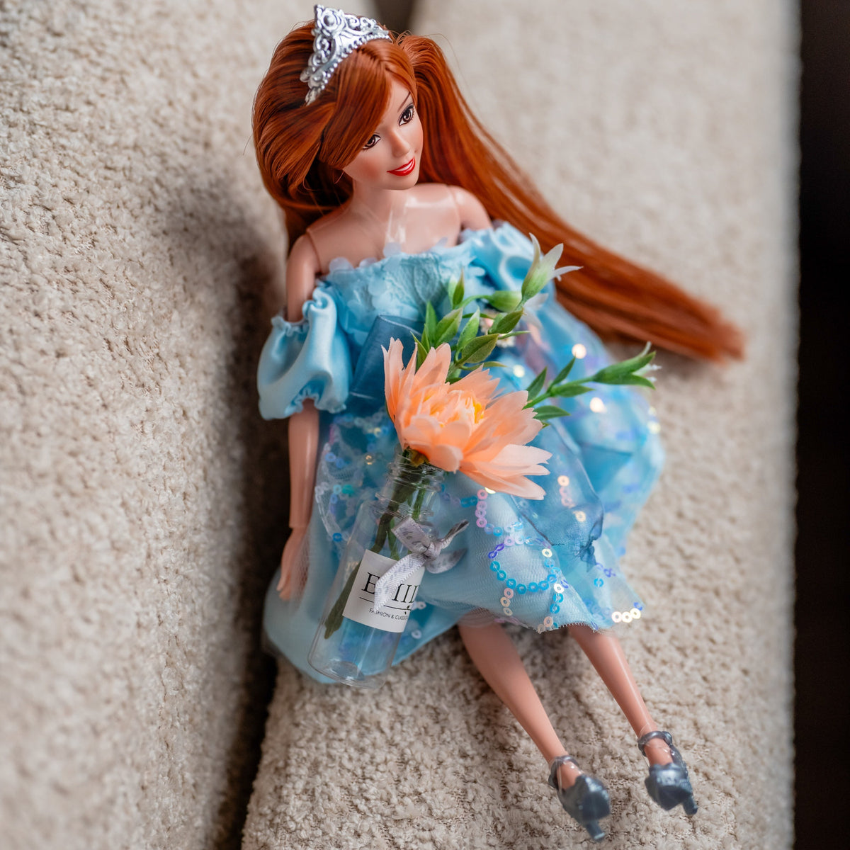 Woopie Royal Emi in blue tulle dress – doll posed with movable limbs