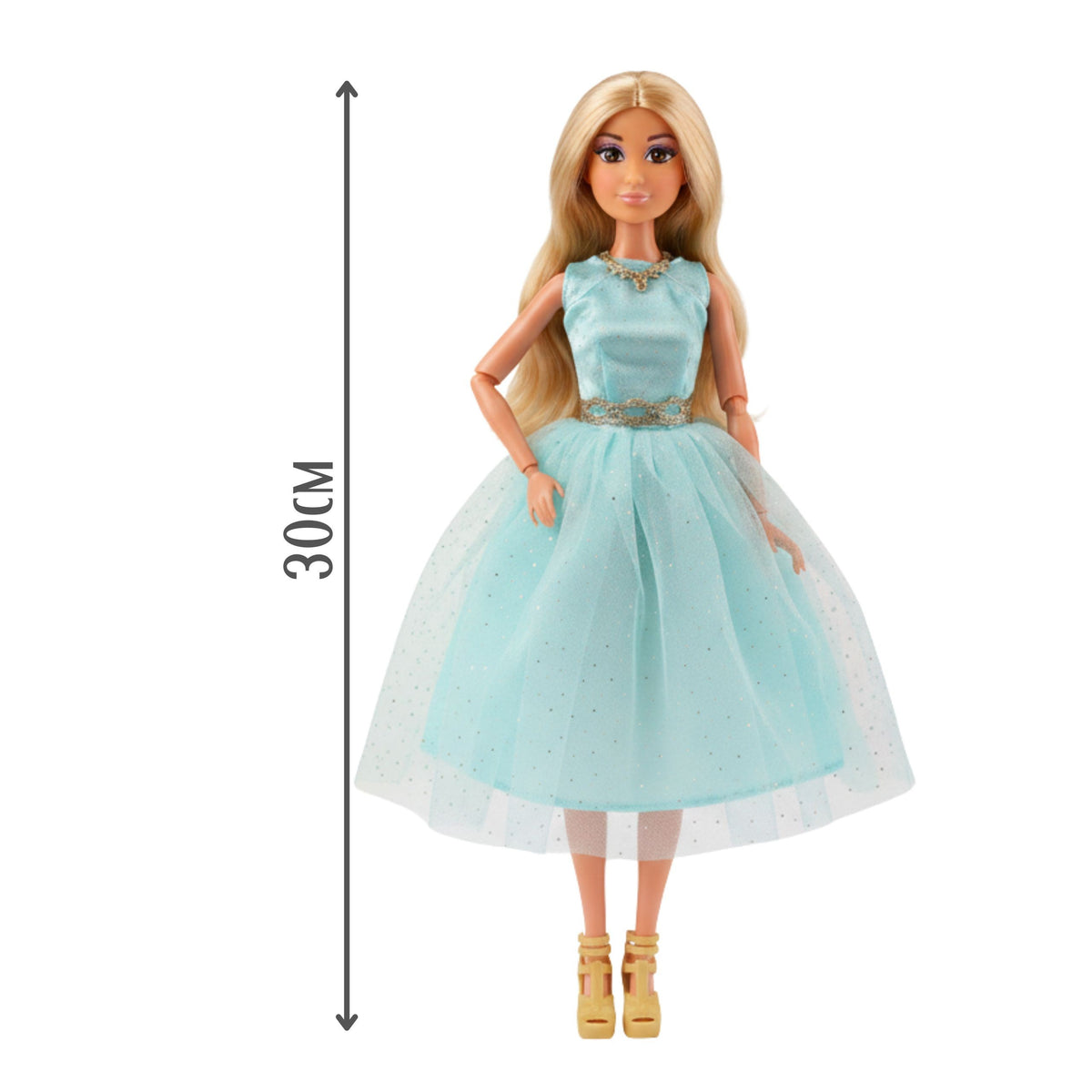 Woopie Royal Lily in turquoise gown – gold high-heeled shoes