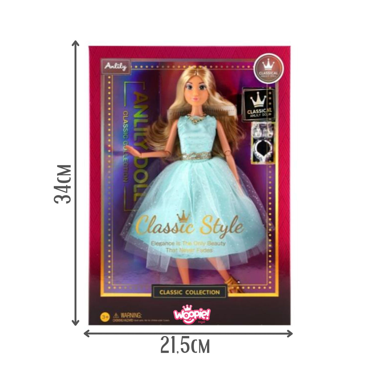 Woopie Royal Lily in turquoise gown – long lustrous blonde hair