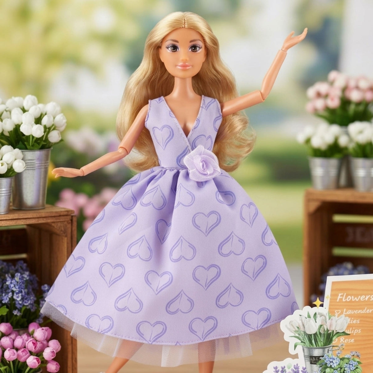 Woopie Royal Lily in lavender dress – lavender dress with hearts and flower