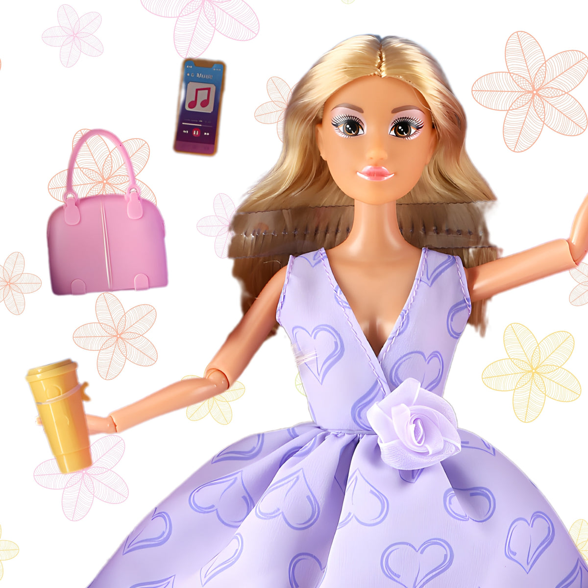 Woopie Royal Lily lavandas kleitā – rozā somiņa un telefons