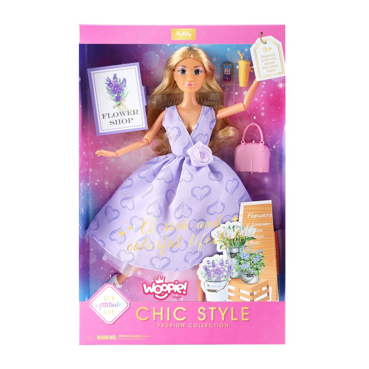 Woopie Royal Lily in lavender dress – mug and shoes