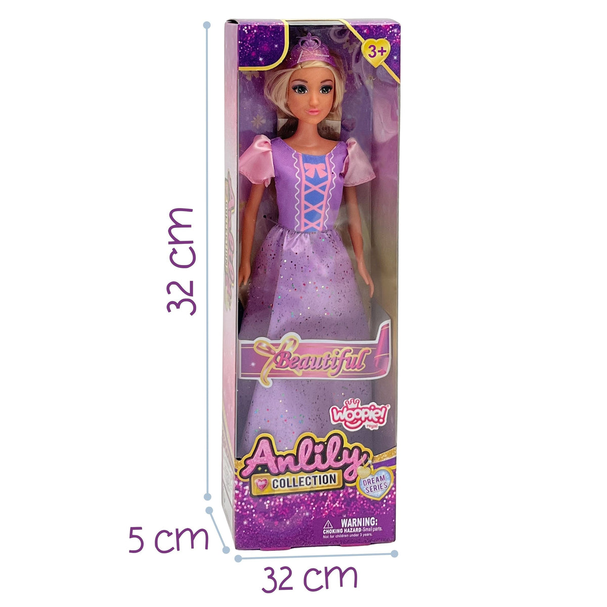 Woopie Royal princese Lily violetā kleitā – caurspīdīga violeta tiāra