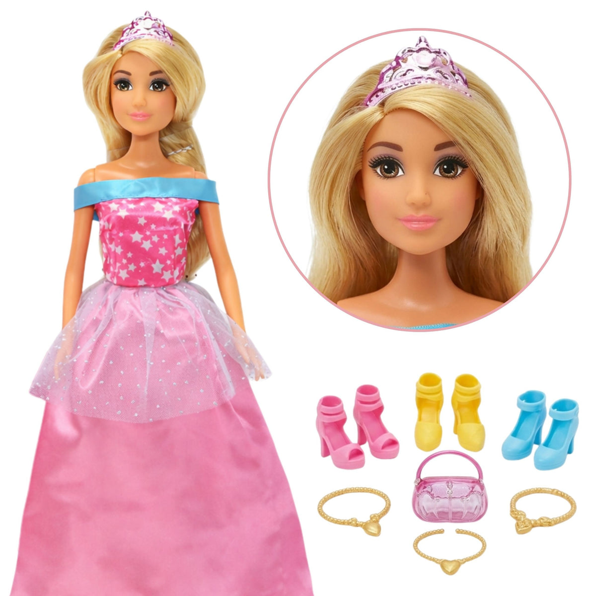 Woopie Royal doll with 5 ball gowns – six gowns in pink, blue and purple