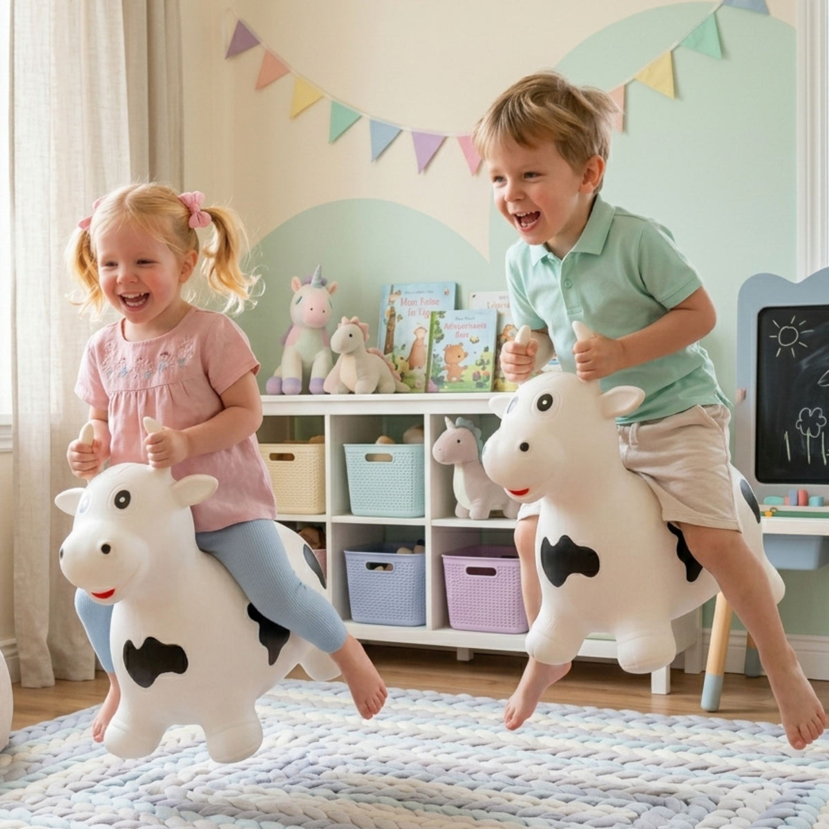 Child bouncing along on the spotted cow hopper
