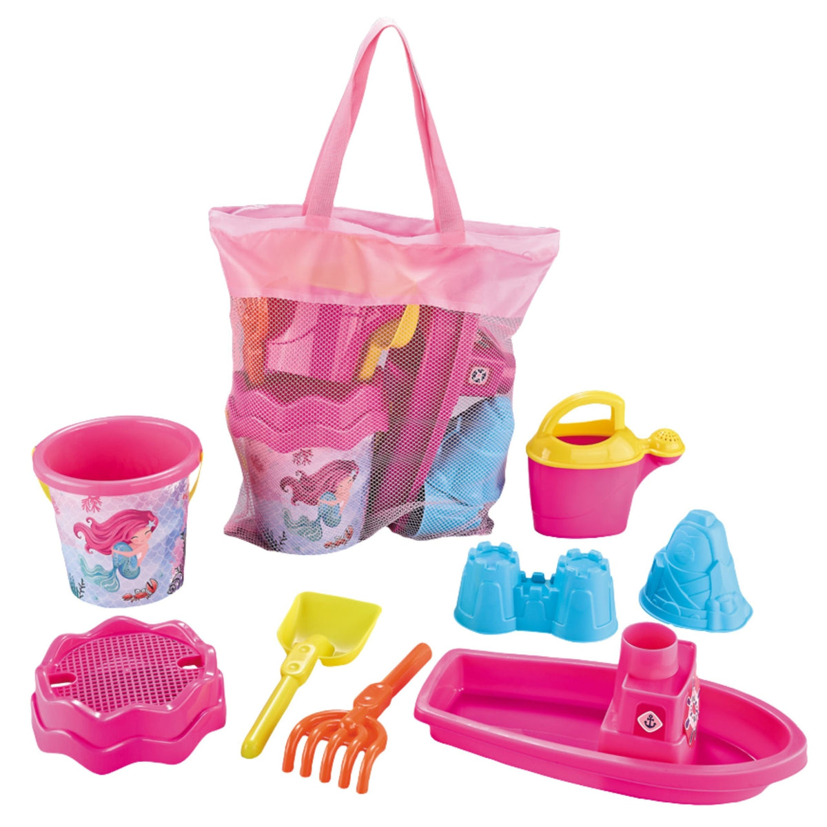 Child building a sandcastle with the pink set