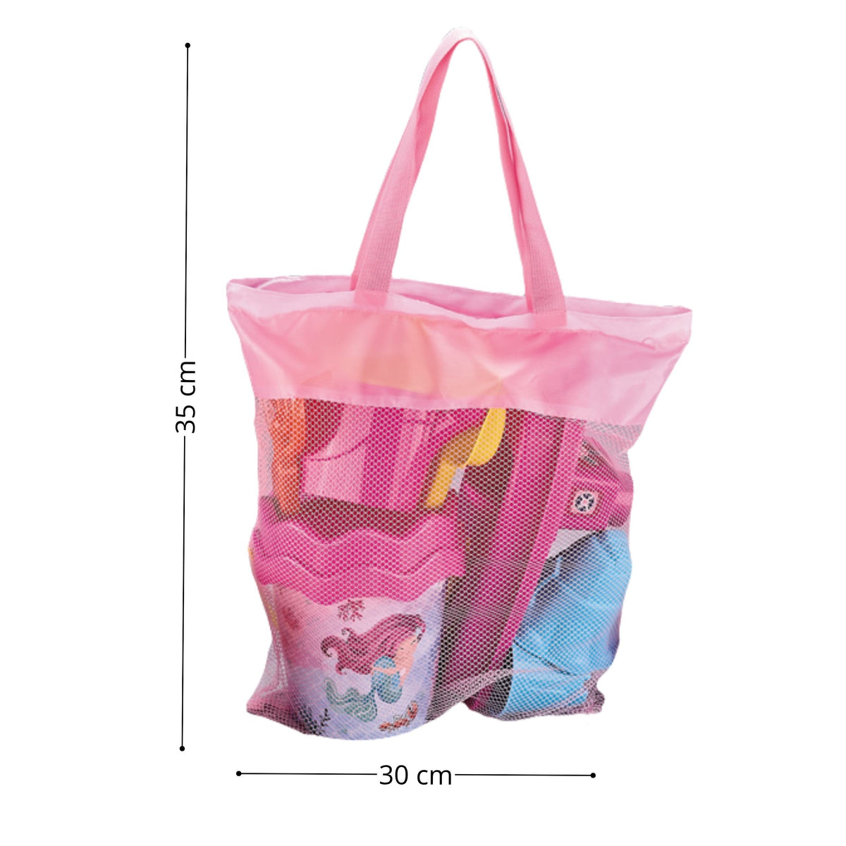 Sand toys packed in the pink mesh bag with handles