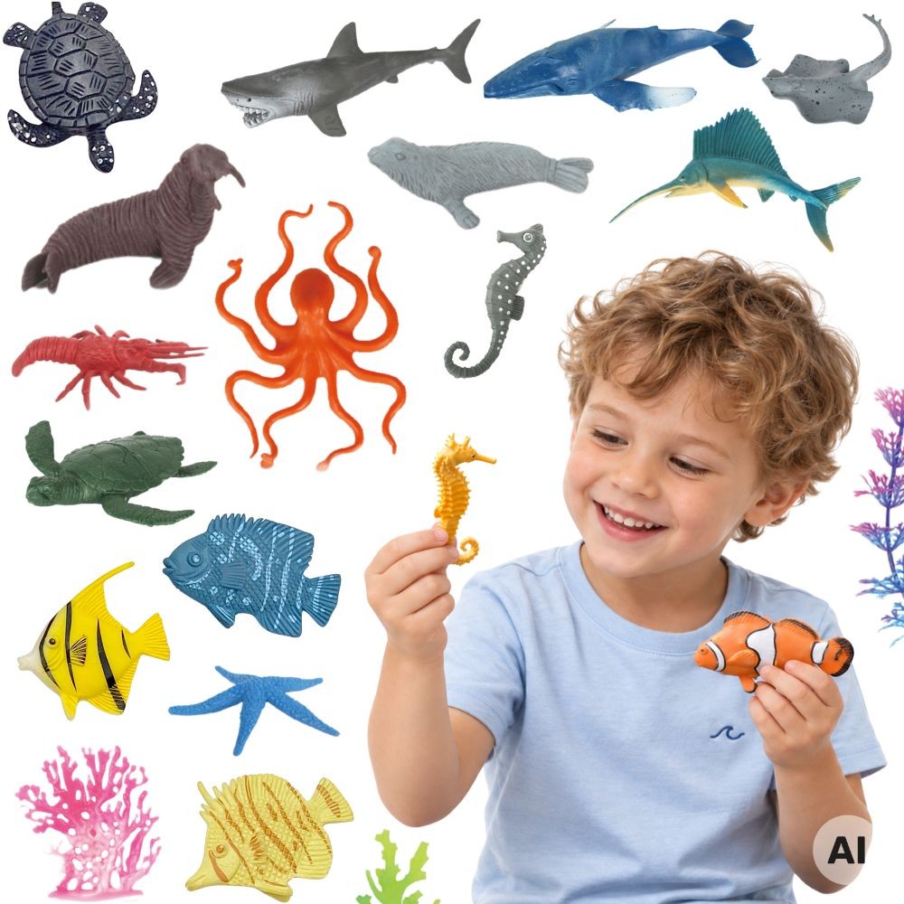 Woopie sea animal figures set with play mat, 33 pieces