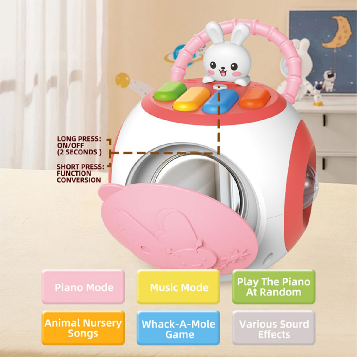 Toddler playing with the pink piano sorter ball