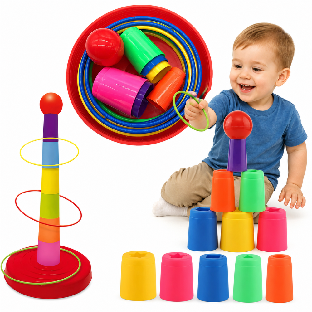 Woopie ring toss game with a colourful post and 12 rings