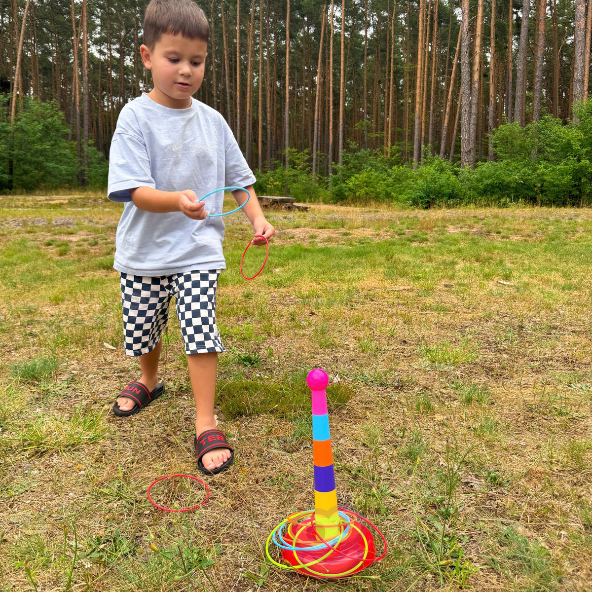 Ring toss game – post with six colourful segments and a red base