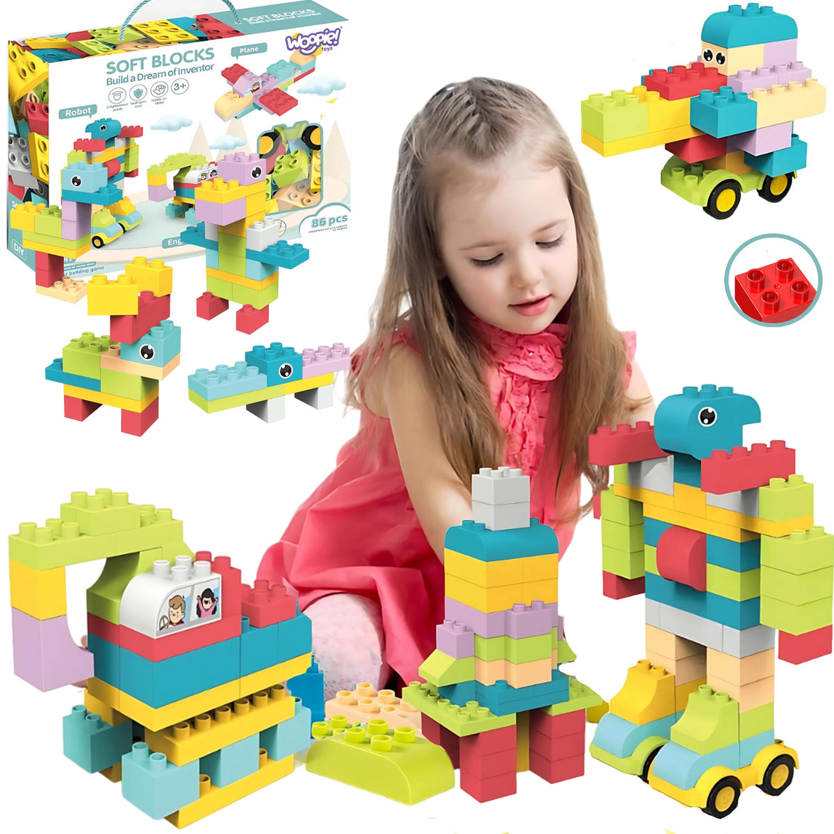 Woopie pastel building blocks with animal eyes and wheels, 86 pieces