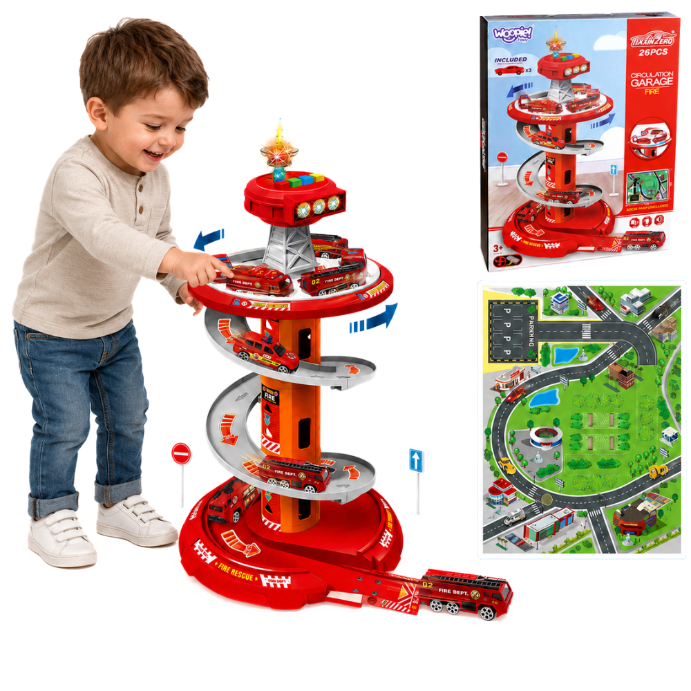 Woopie Fire Station Spiral Garage with 3 Fire Trucks