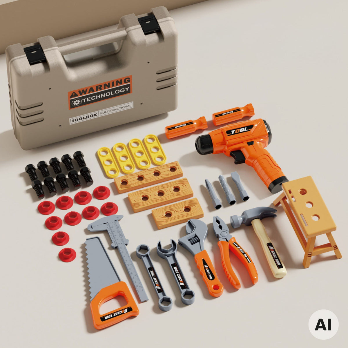Child using the toy electric screwdriver on a build