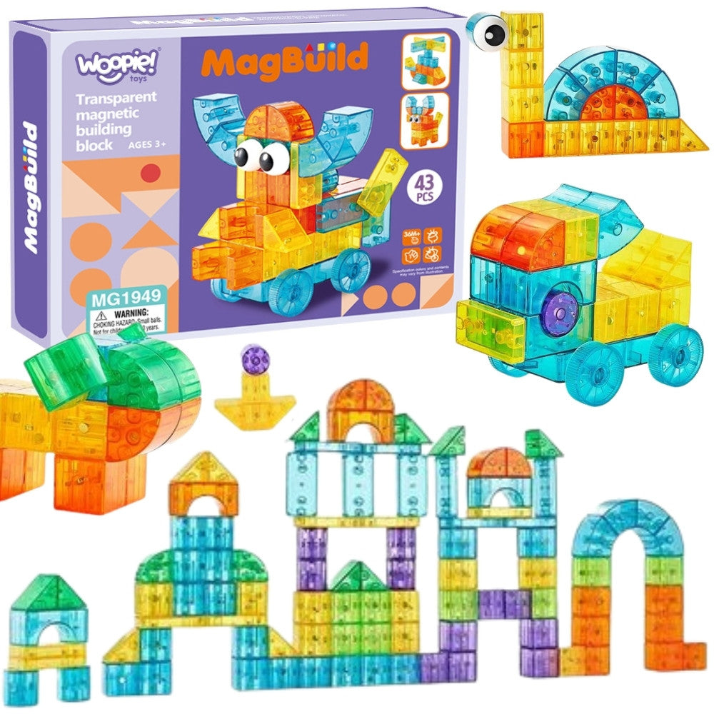 Woopie Transparent Magnetic Blocks with Wheels, 43 pcs