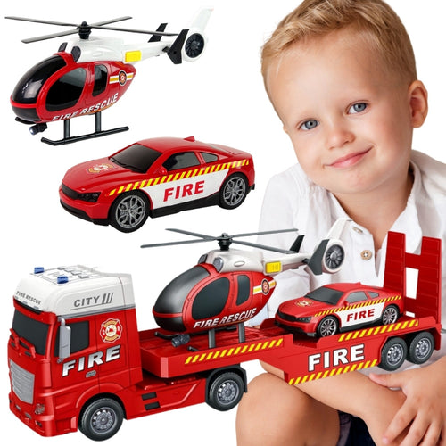 Woopie ugunsdzēsēju evakuators ar helikopteru un mašīnu