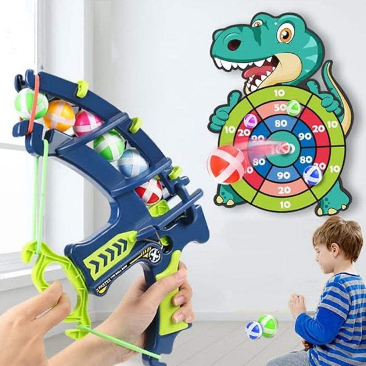 Dino bow game – soft velcro balls instead of arrows
