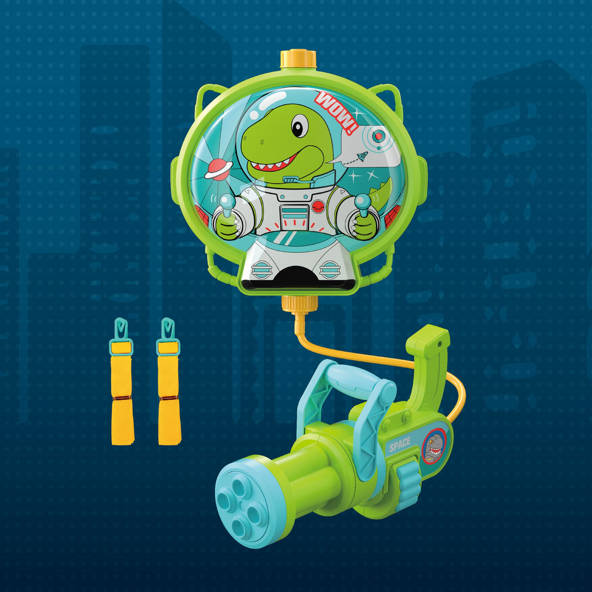 Woopie Dino backpack water gun – water fight in the garden