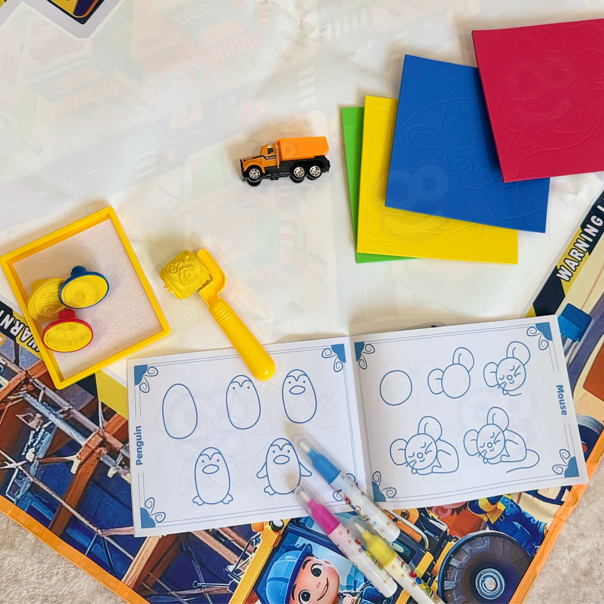Woopie water mat with toy car – letter and shape stencils