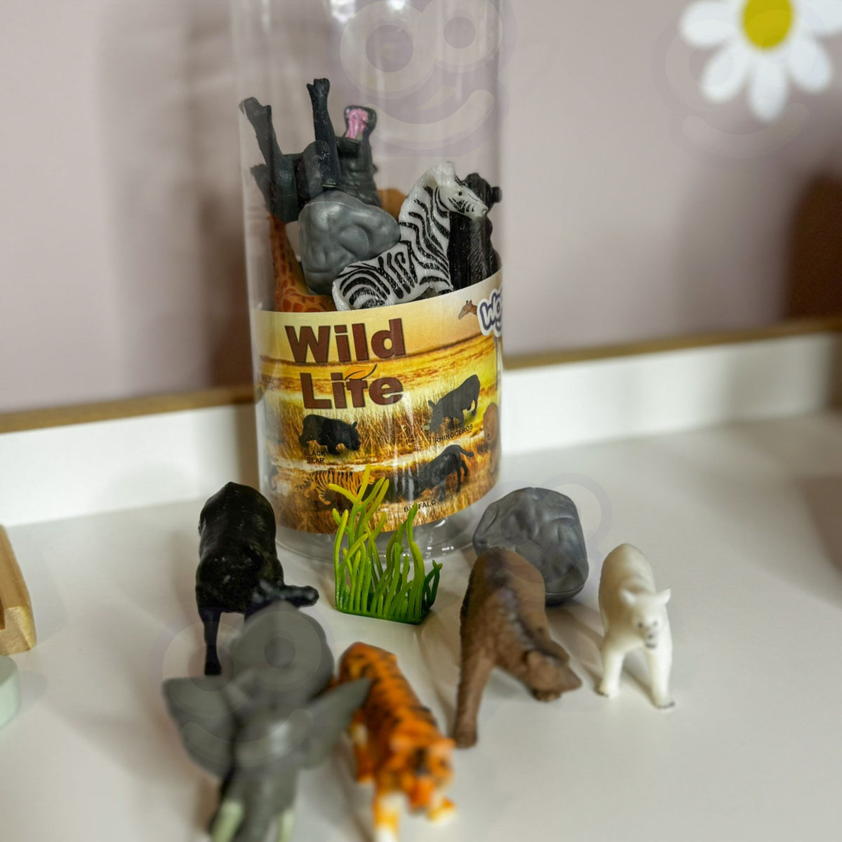 Tiger, gorilla, hippo and rhino figures close-up
